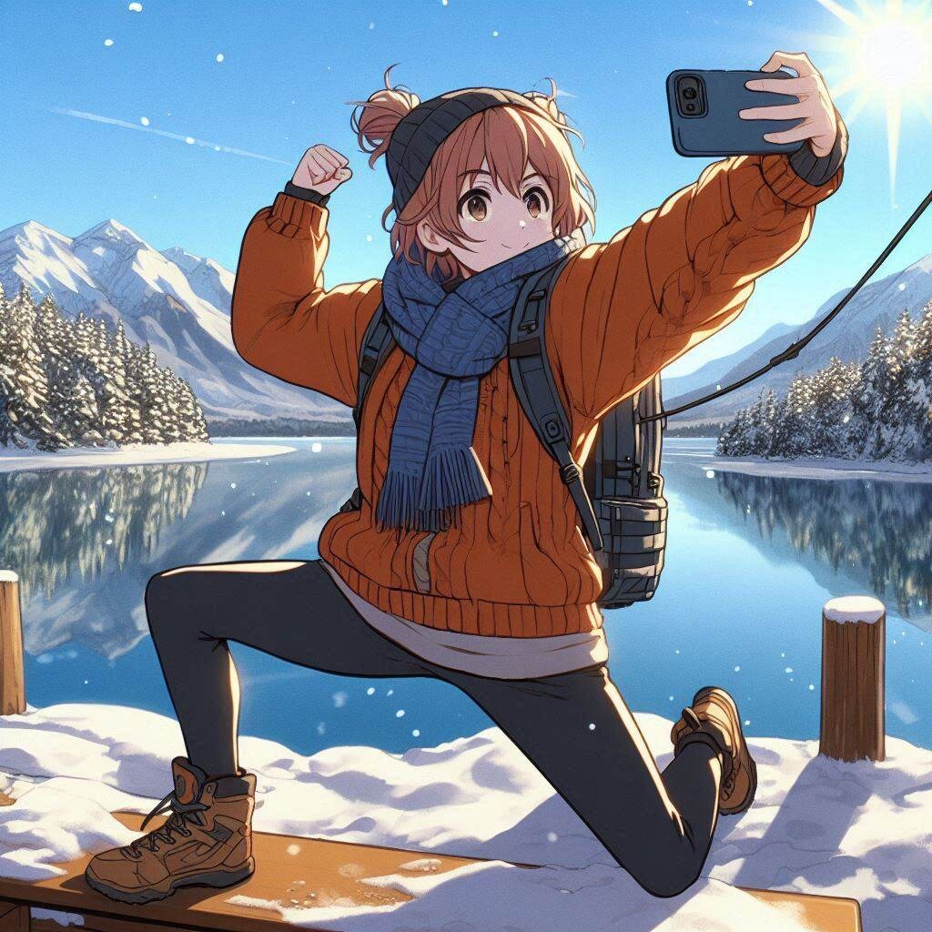 旅行先の湖で記念撮影してる女の子