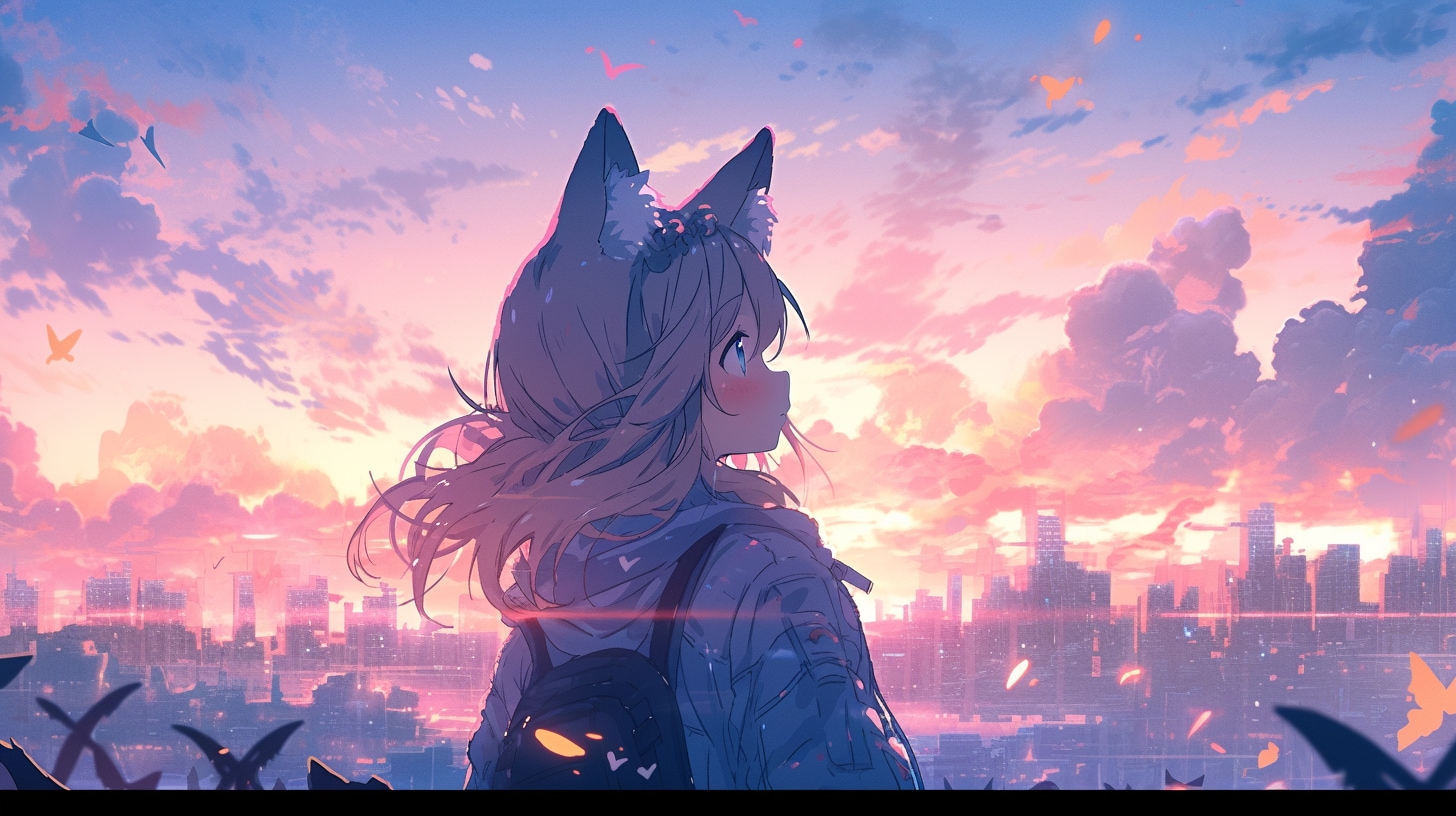 夕焼けの街に佇む狐耳の旅人 | の人気AIイラスト・グラビア