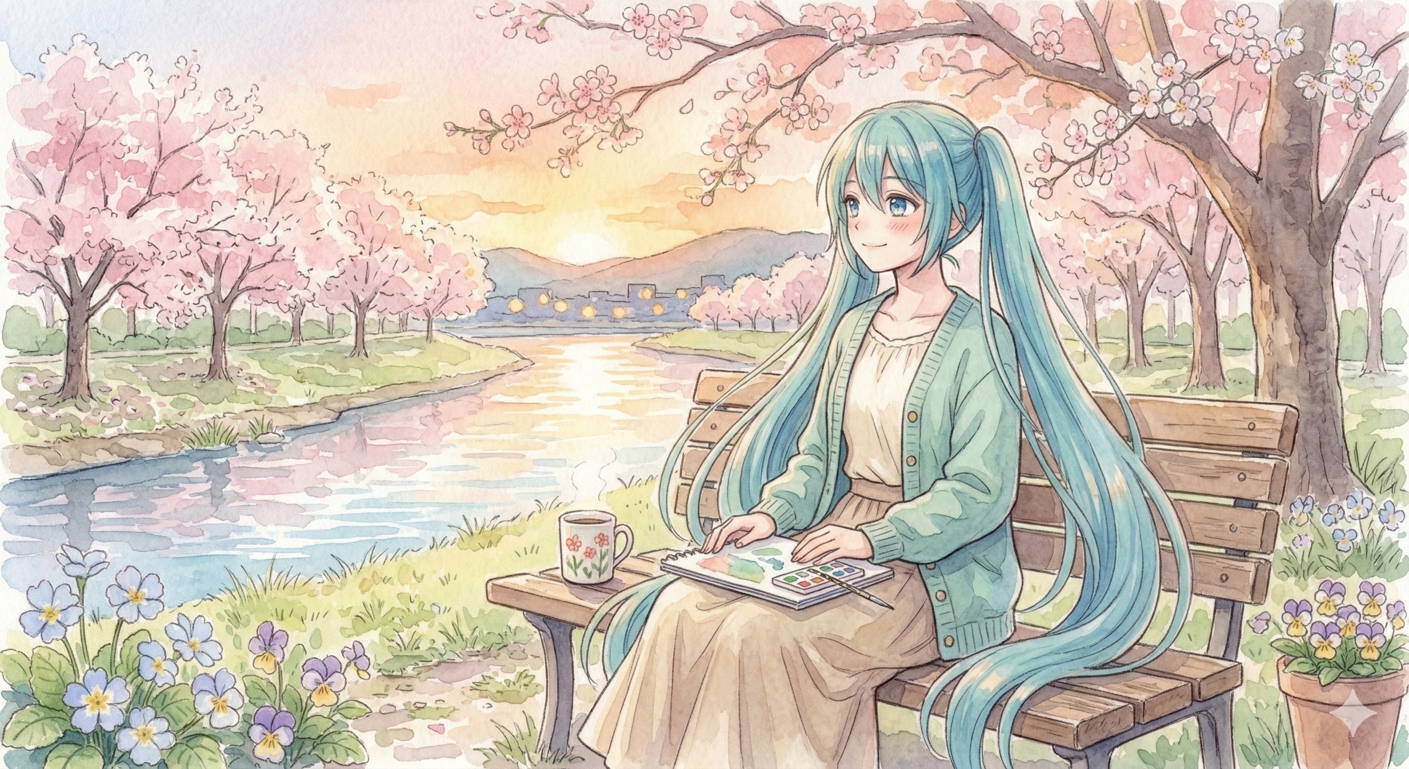 水彩画ミクさん　夕暮れのスケッチ桜のメロディ | の人気AIイラスト・グラビア