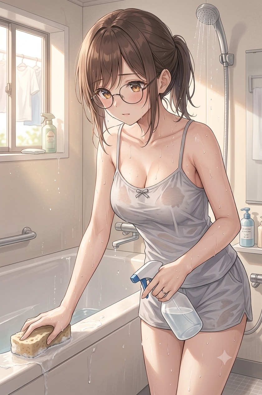 お風呂掃除をしている若妻