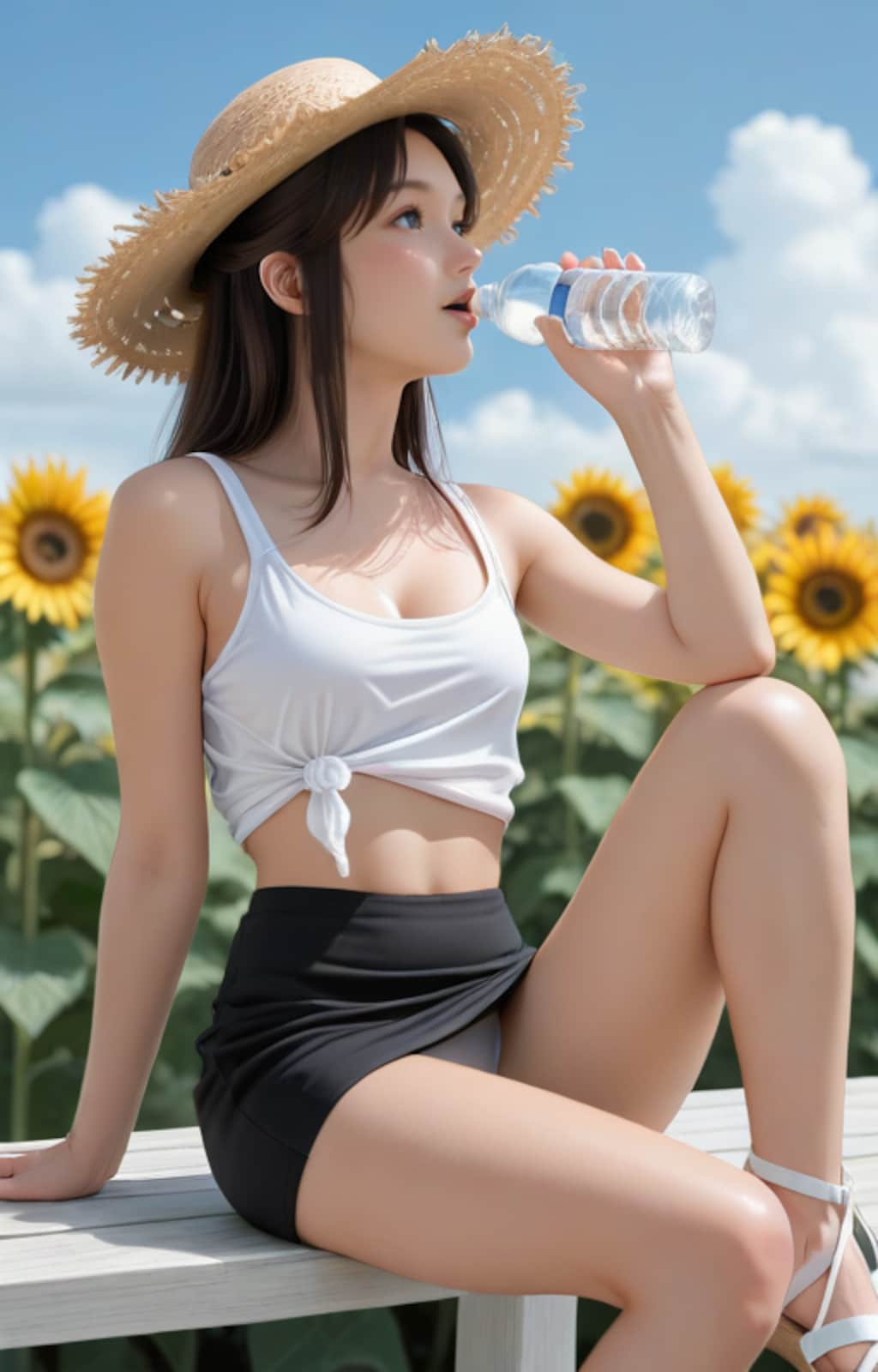 ひまわり畑で水分補給