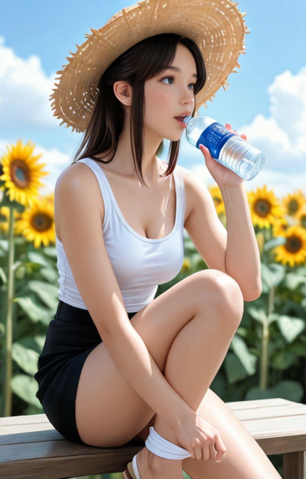 ひまわり畑で水分補給