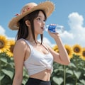 ひまわり畑で水分補給 4枚目