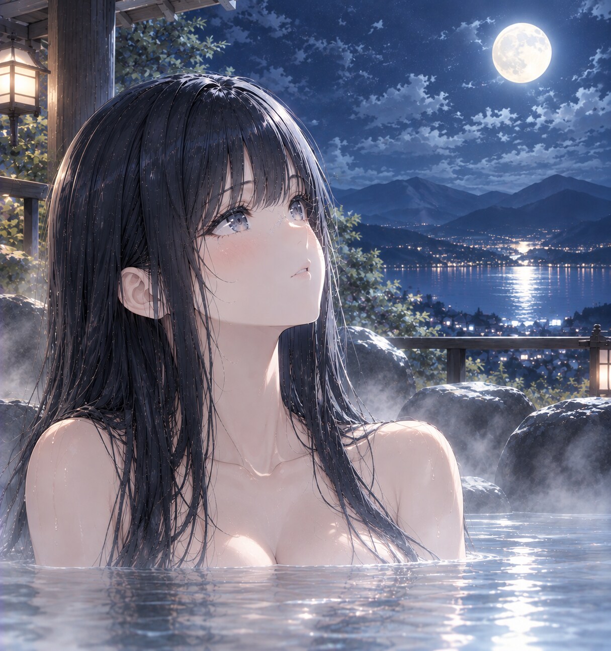 【ナオ】月明かりの露天風呂 | の人気AIイラスト・グラビア
