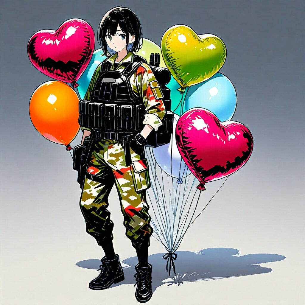 色とりどりの風船を持つ迷彩服の美女。