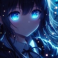 『アニメイラスト。暗闇の中で群青色に発光する女の子の瞳だけが見えている。』 3枚目