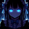 『アニメイラスト。暗闇の中で群青色に発光する女の子の瞳だけが見えている。』 4枚目