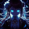 『アニメイラスト。暗闇の中で群青色に発光する女の子の瞳だけが見えている。』 5枚目