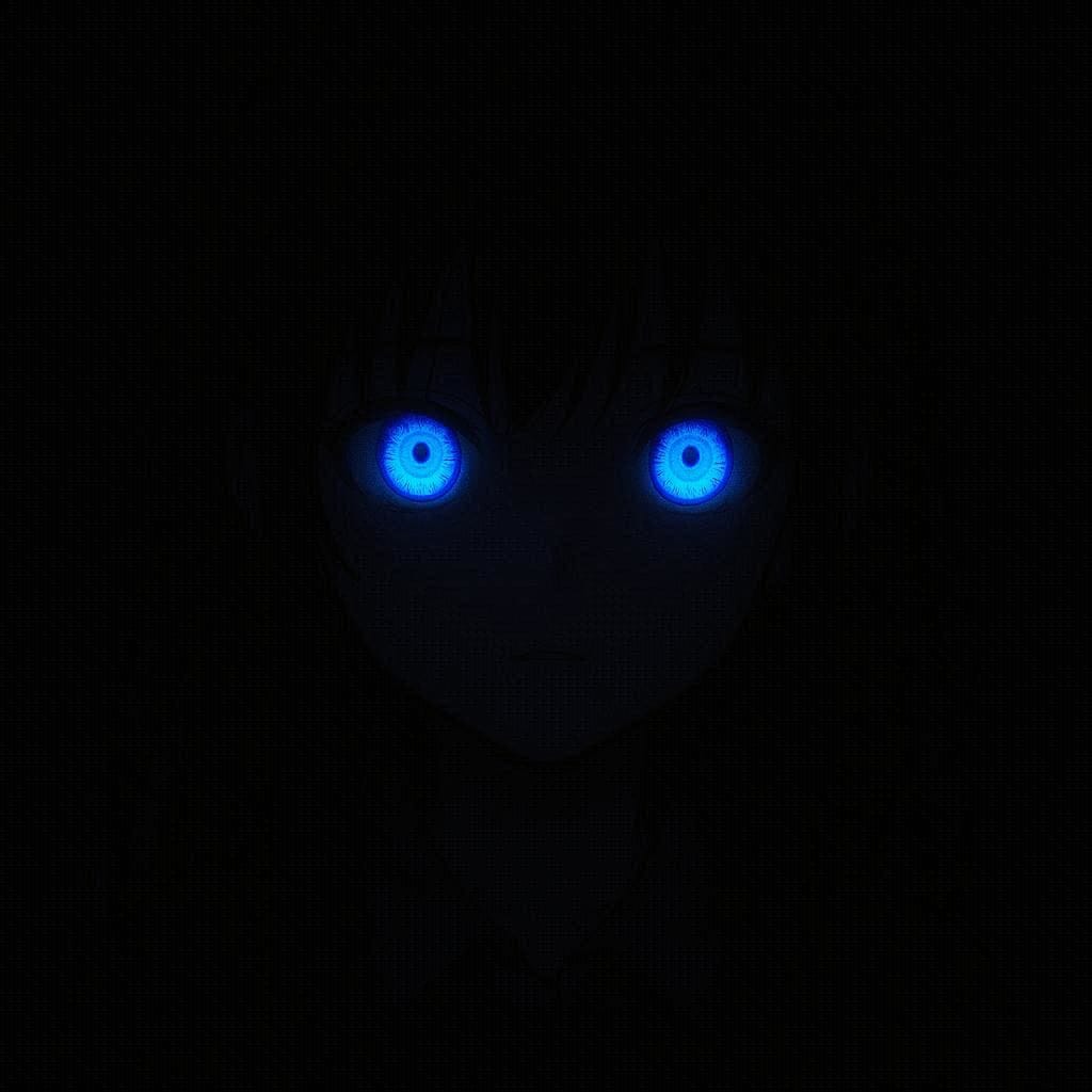 『アニメイラスト。暗闇の中で群青色に発光する女の子の瞳だけが見えている。』