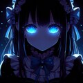 『アニメイラスト。暗闇の中で群青色に発光する女の子の瞳だけが見えている。』 2枚目