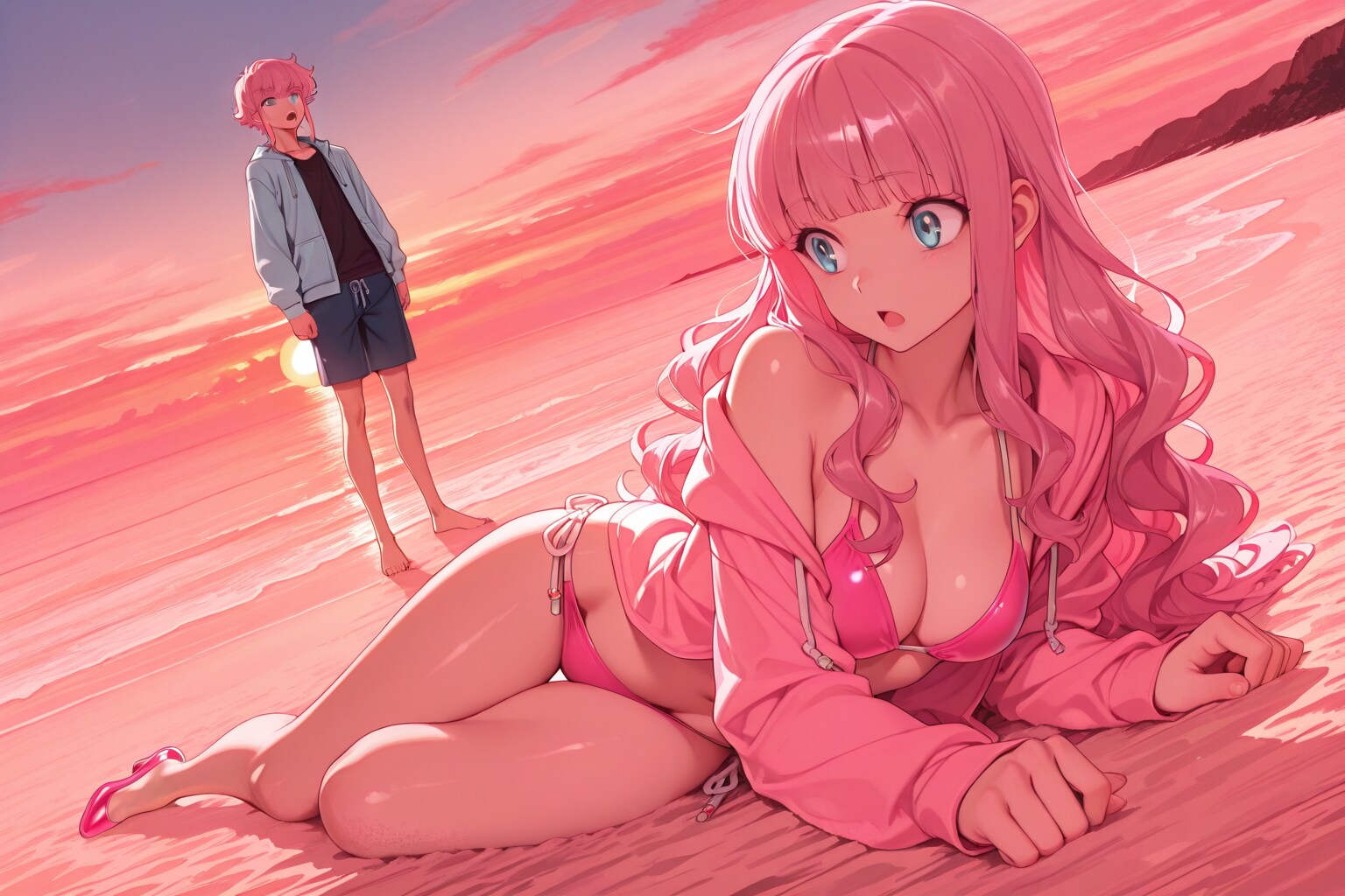 彼氏と夕方のリゾートビーチとECHIDNAちゃん