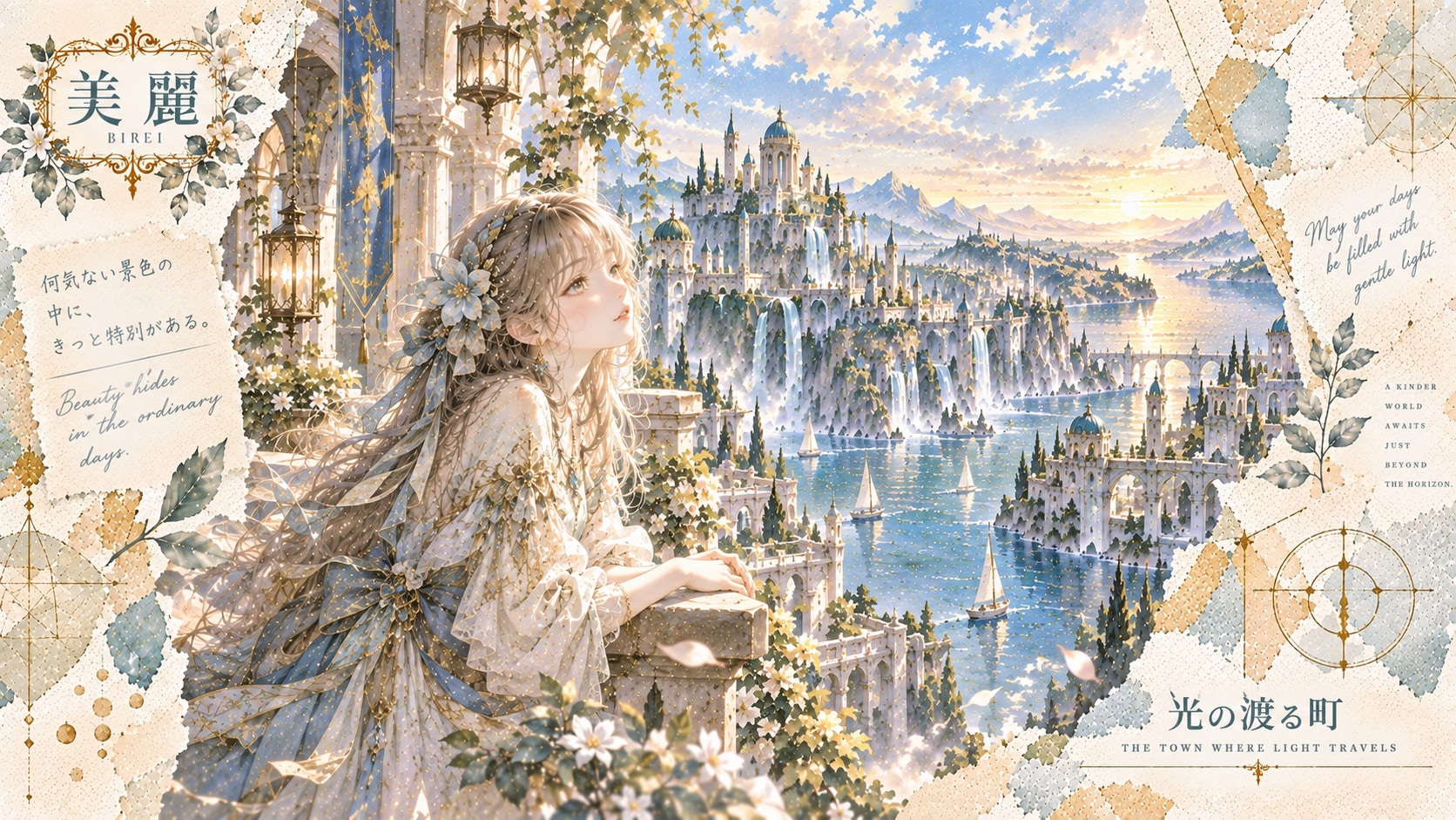 Leaning against a sunlit balcony, watching light travel across the water.  Beauty hides in the ordin | の人気AIイラスト・グラビア