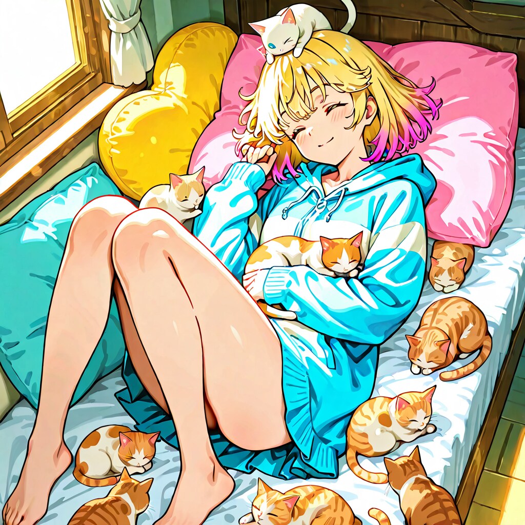 虹色の抱擁と微睡みの猫たち