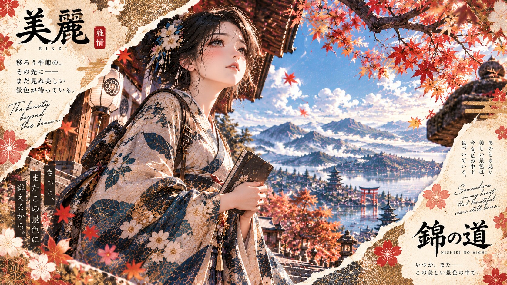 Autumn Path  Set against a breathtaking landscape of vibrant autumn foliage, majestic mountains, and | の人気AIイラスト・グラビア