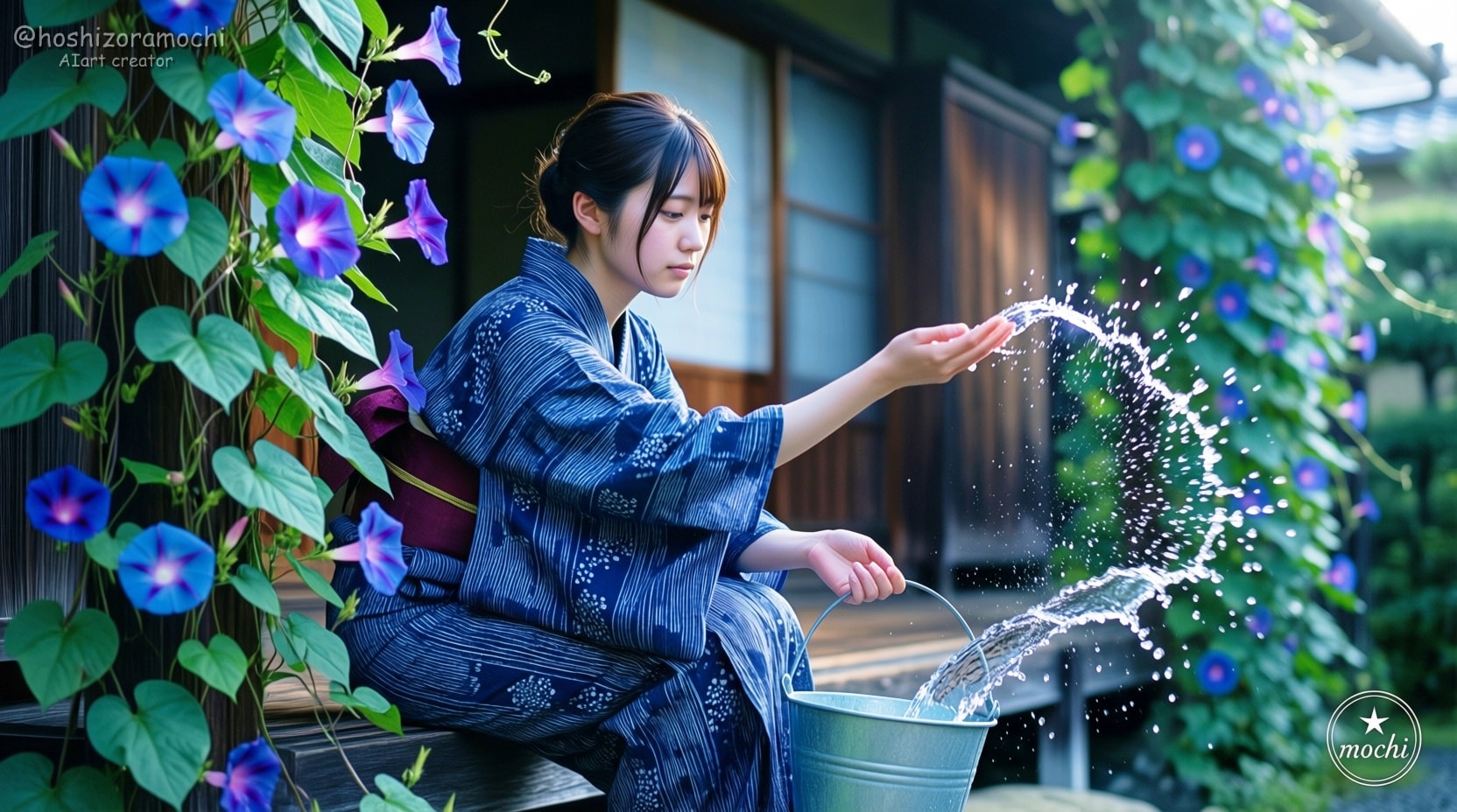 瑠璃色の涼：縁側の朝顔と水の記憶 | の人気AIイラスト・グラビア