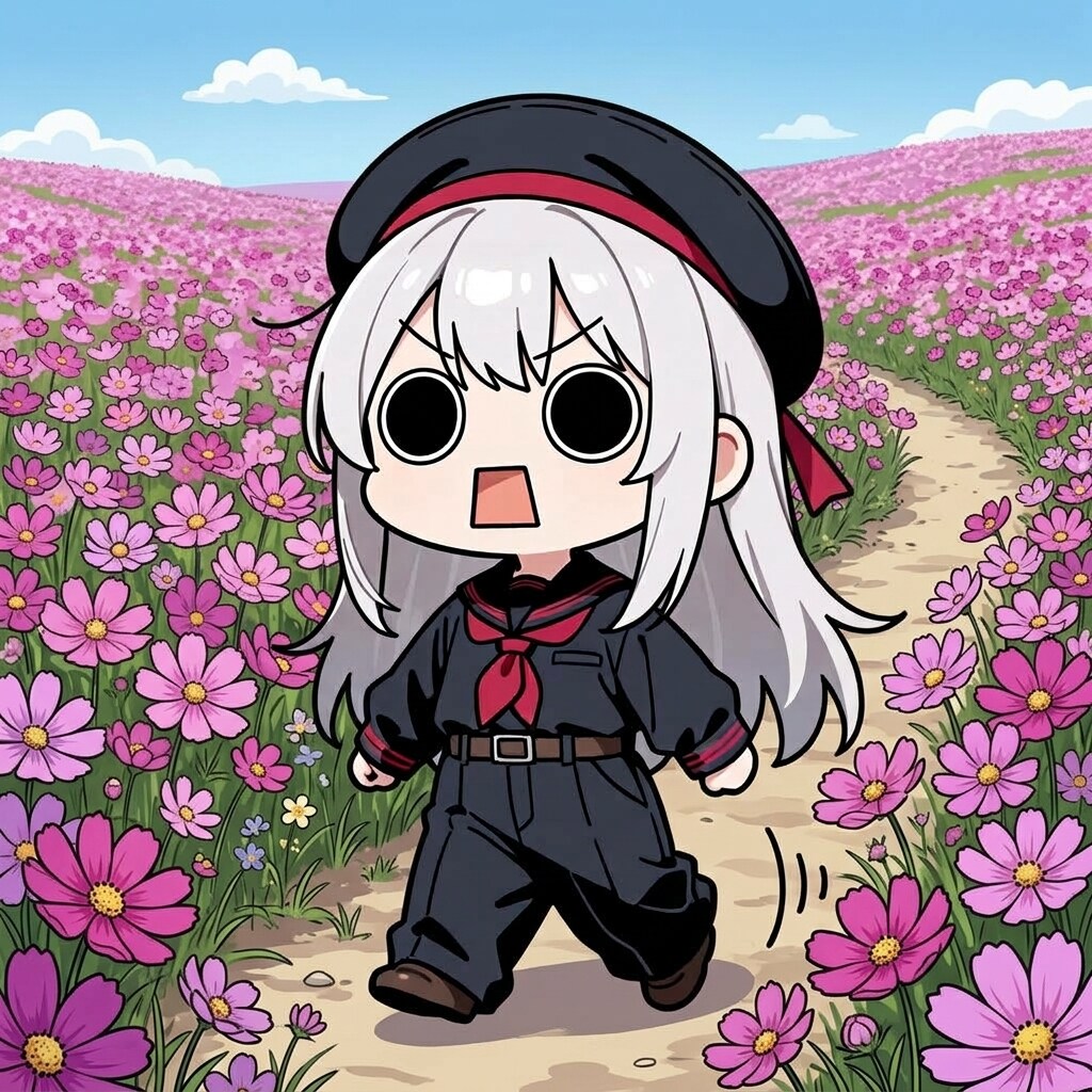 コスモスの中を歩くえらいこっちゃ嬢