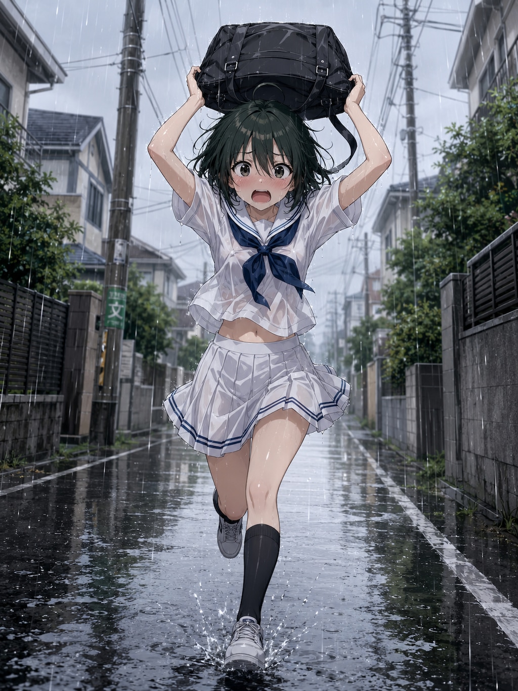 にわか雨に降られる