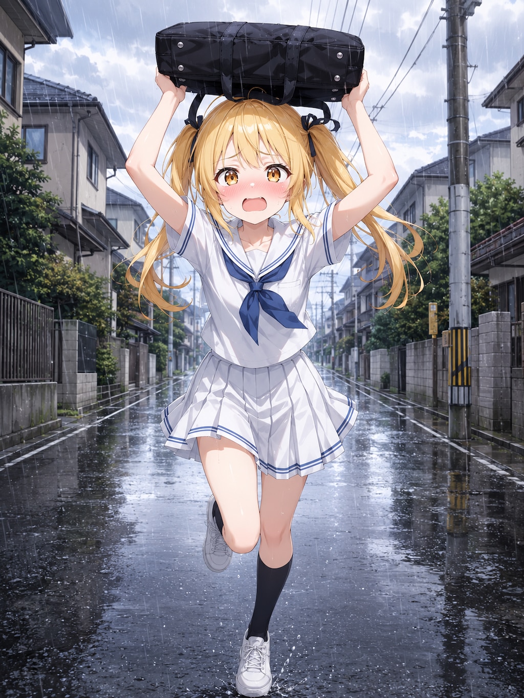 にわか雨に降られる