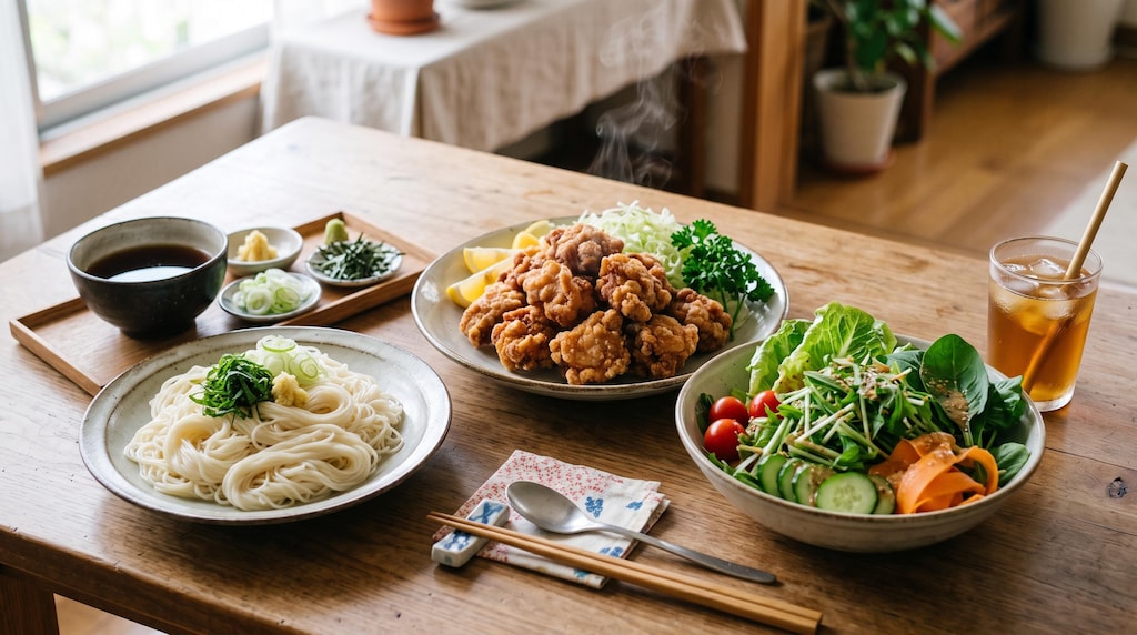 摩訶不思議食堂の素麺と唐揚げと菜っ葉サラダのセット