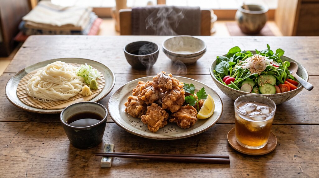 摩訶不思議食堂の素麺と唐揚げと菜っ葉サラダのセット