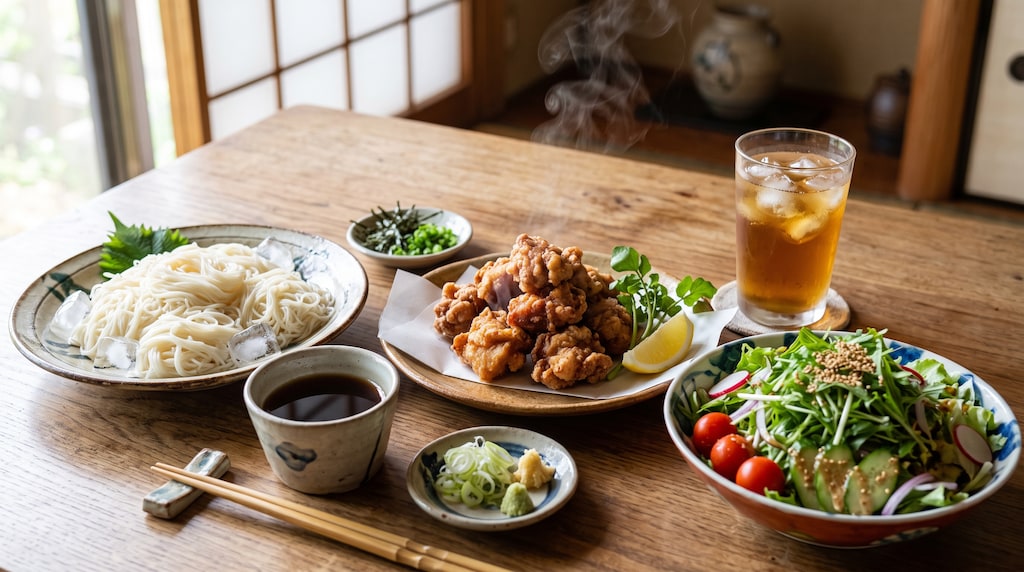 摩訶不思議食堂の素麺と唐揚げと菜っ葉サラダのセット