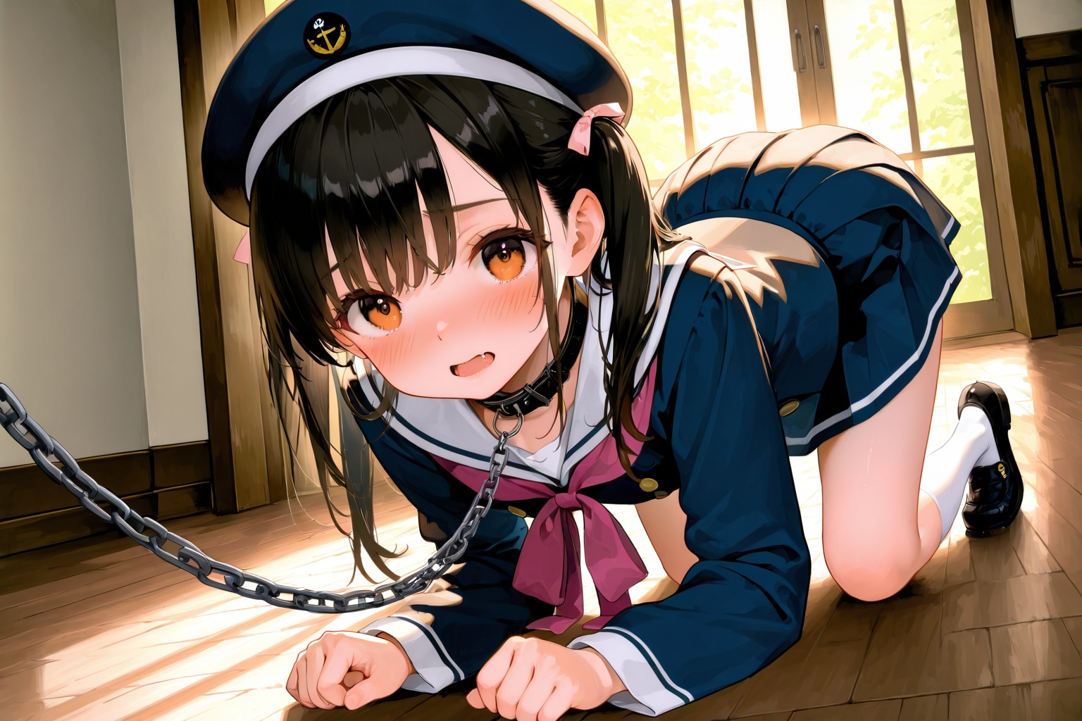 新しいパパとワンちゃんごっこをして遊ぶ女の子