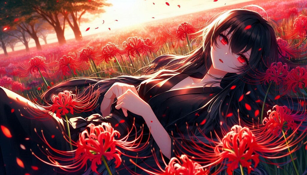 彼岸花と着物の少女(横長.ver)