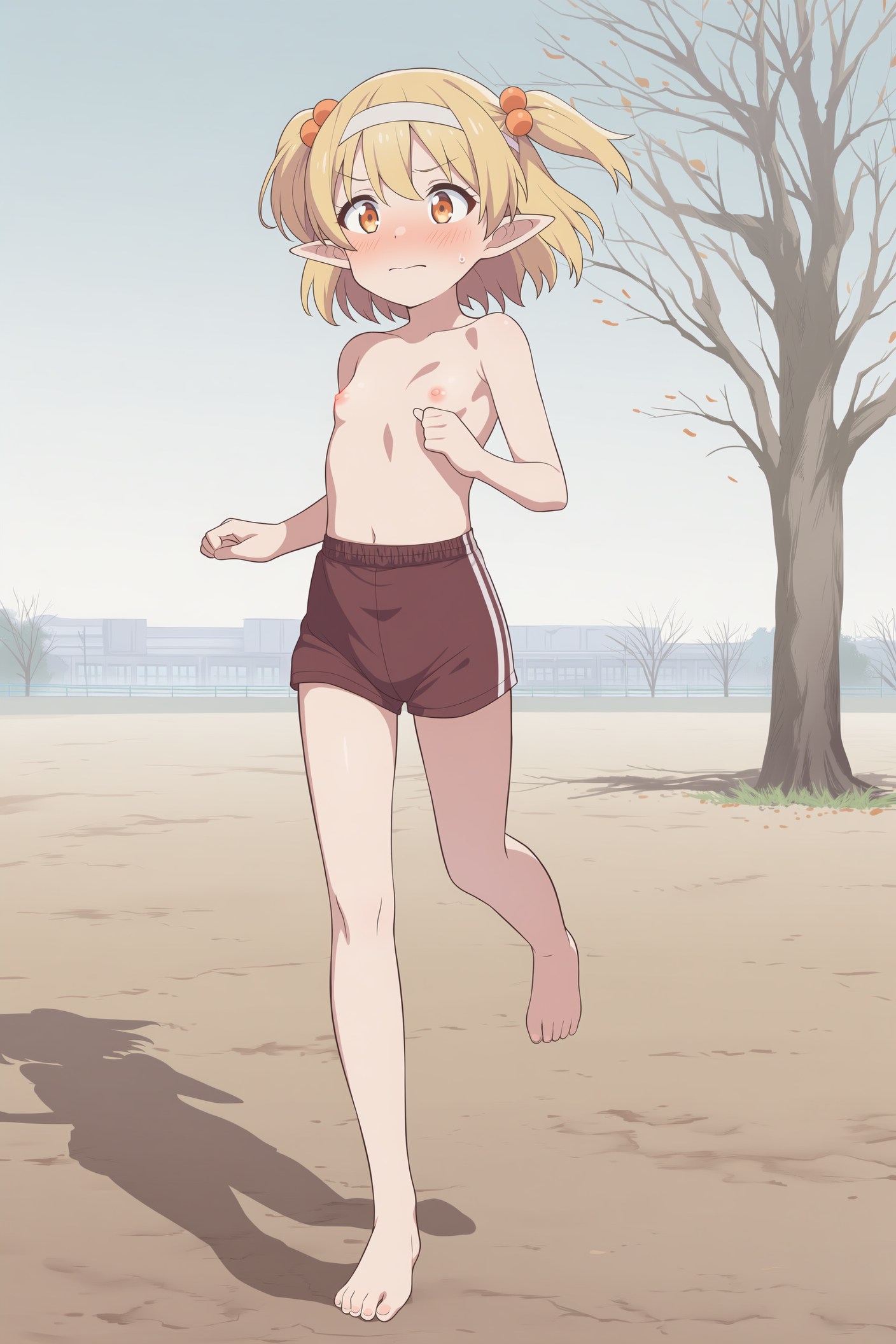 上半身裸+体操着の短パン+裸足のエルフさん