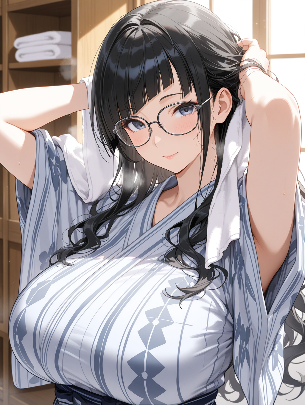 のなめ家の弥那さん 温泉上がりに髪を乾かしている〇〇ちゃんシリーズ