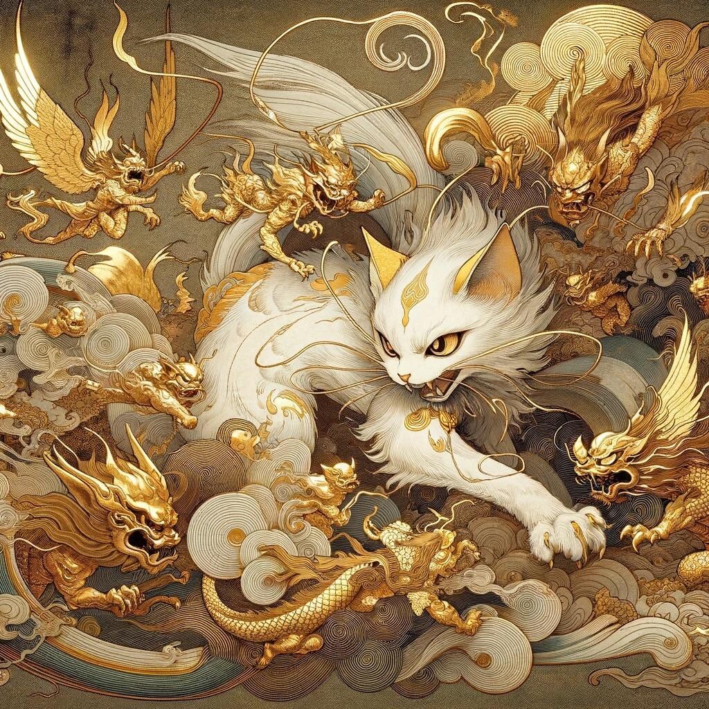 猫の妖怪、浮世絵風。