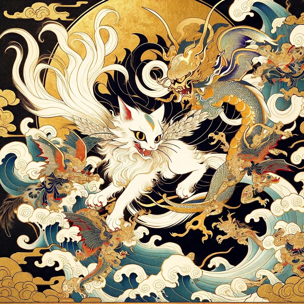 猫の妖怪、浮世絵風。