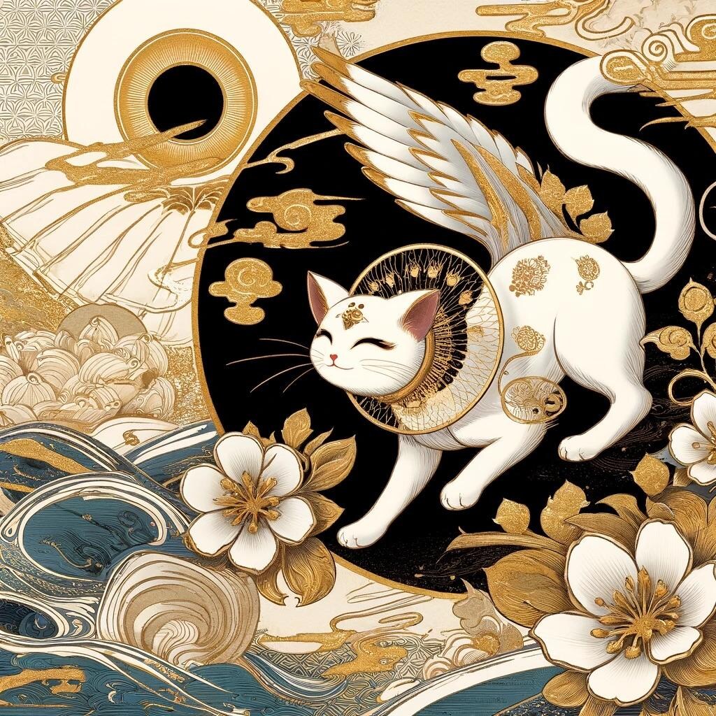 猫の妖怪、浮世絵風。