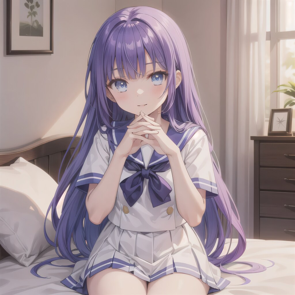 紫髪ロングで寝室の少女