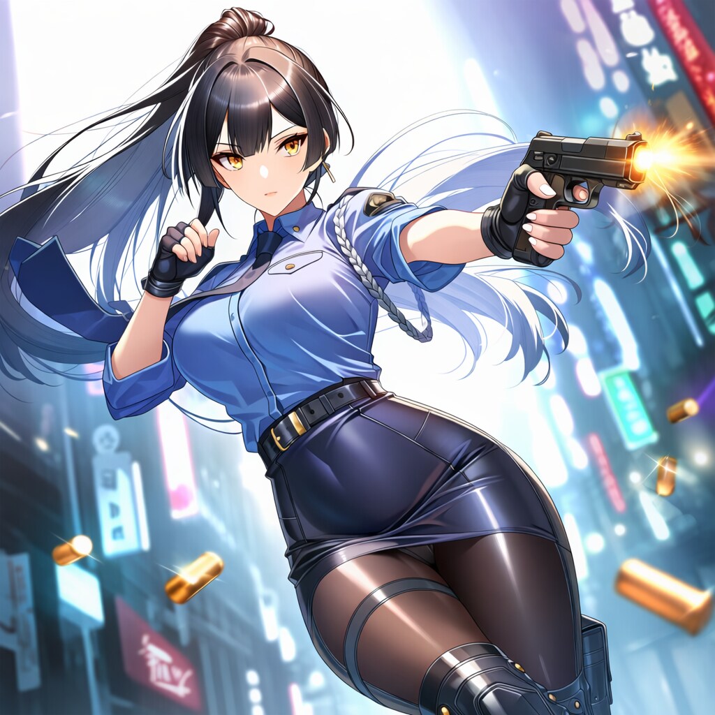 女性警官のガンアクション
