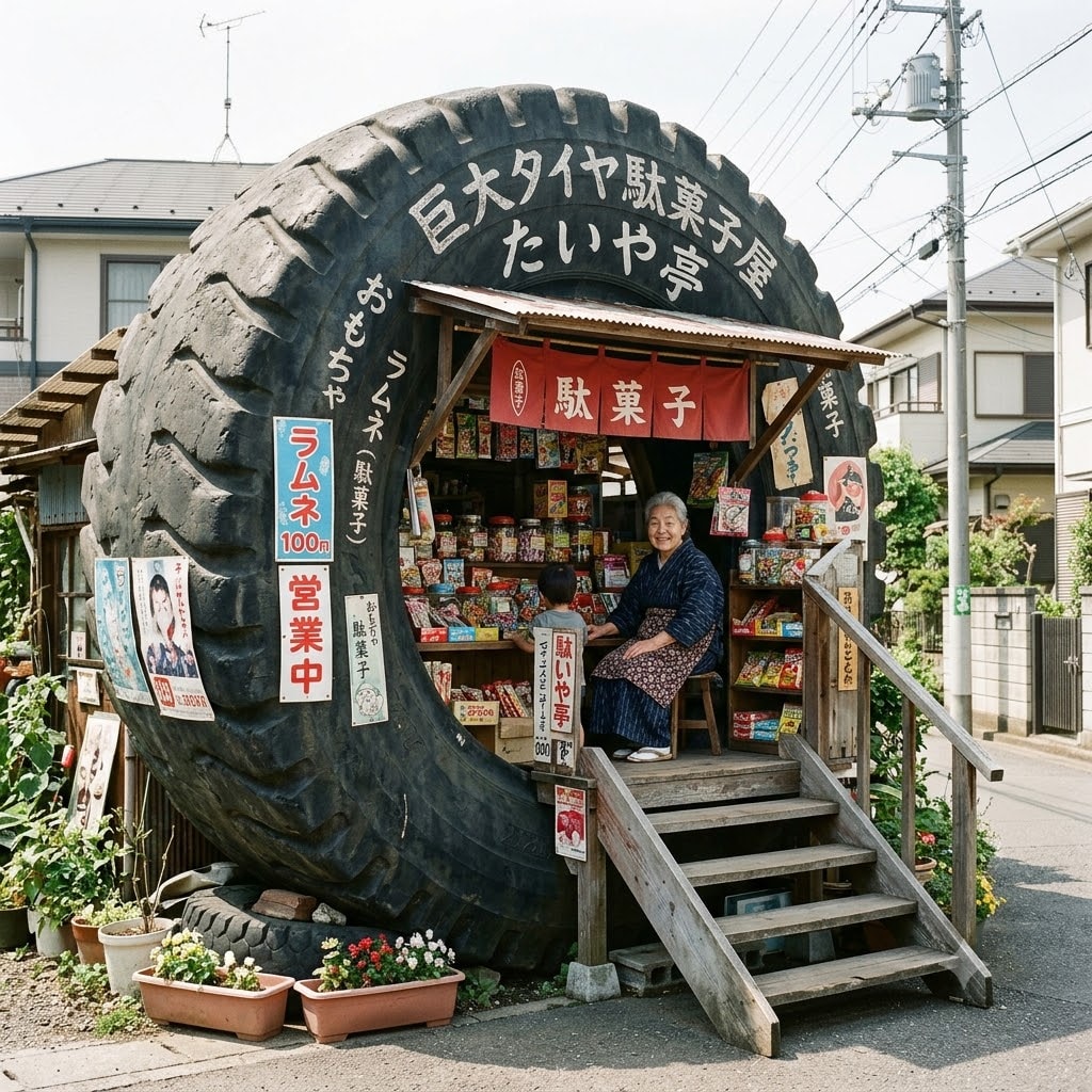 タイヤを利用した駄菓子屋
