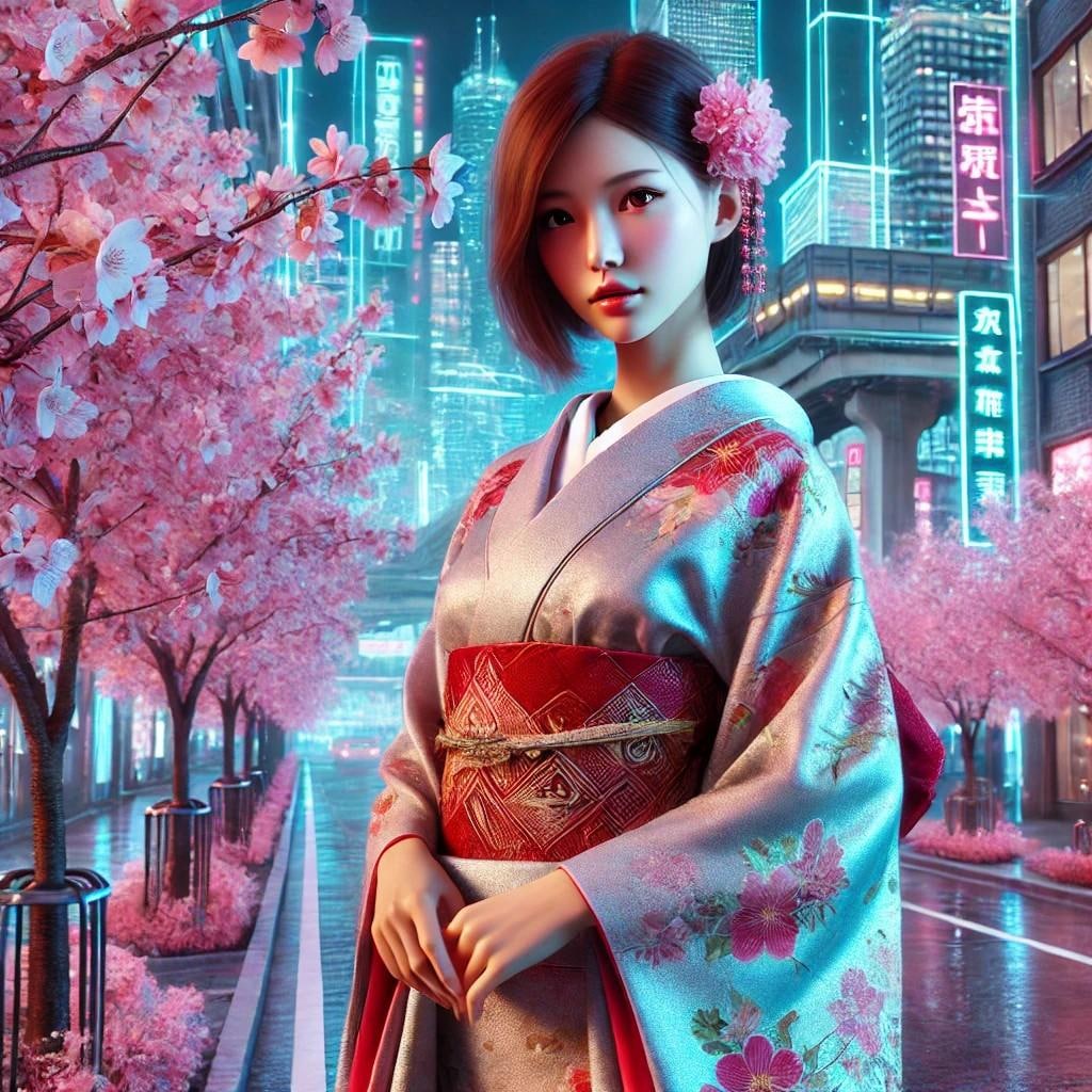 桜と著物女子