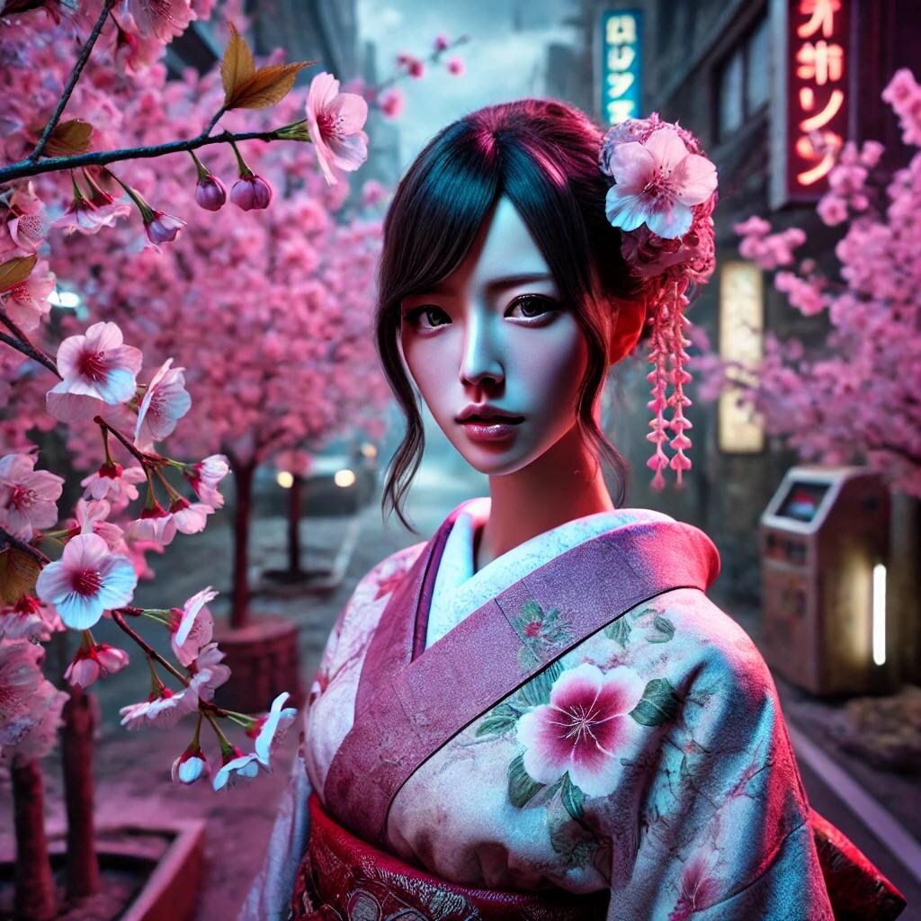 桜と著物女子