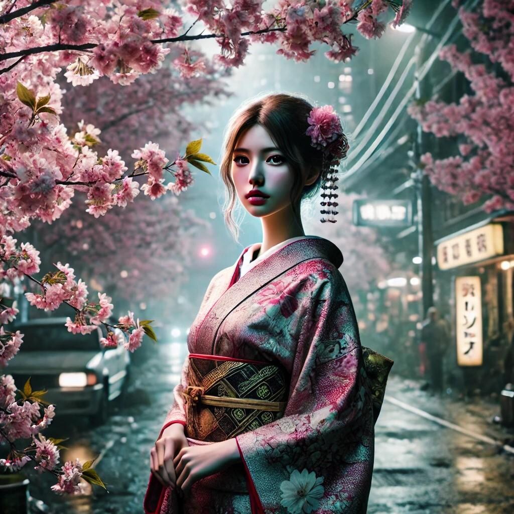 桜と著物女子