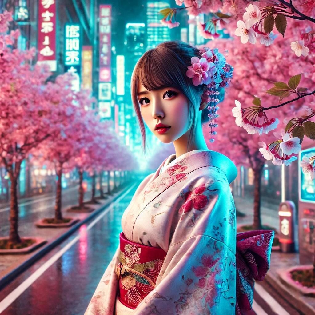 桜と著物女子