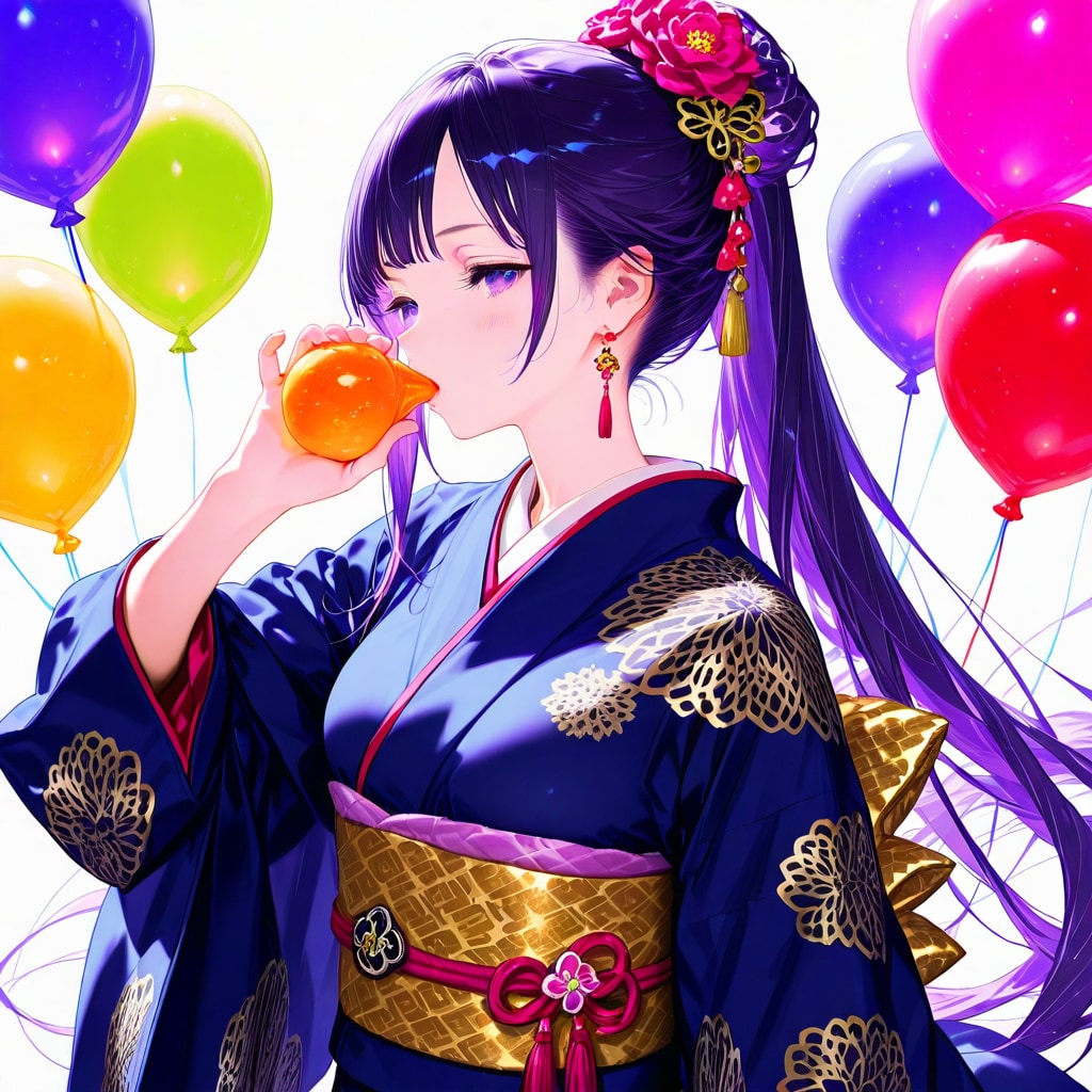 いっぱい風船を膨らませて遊ぶ紫髪ロングの着物美女