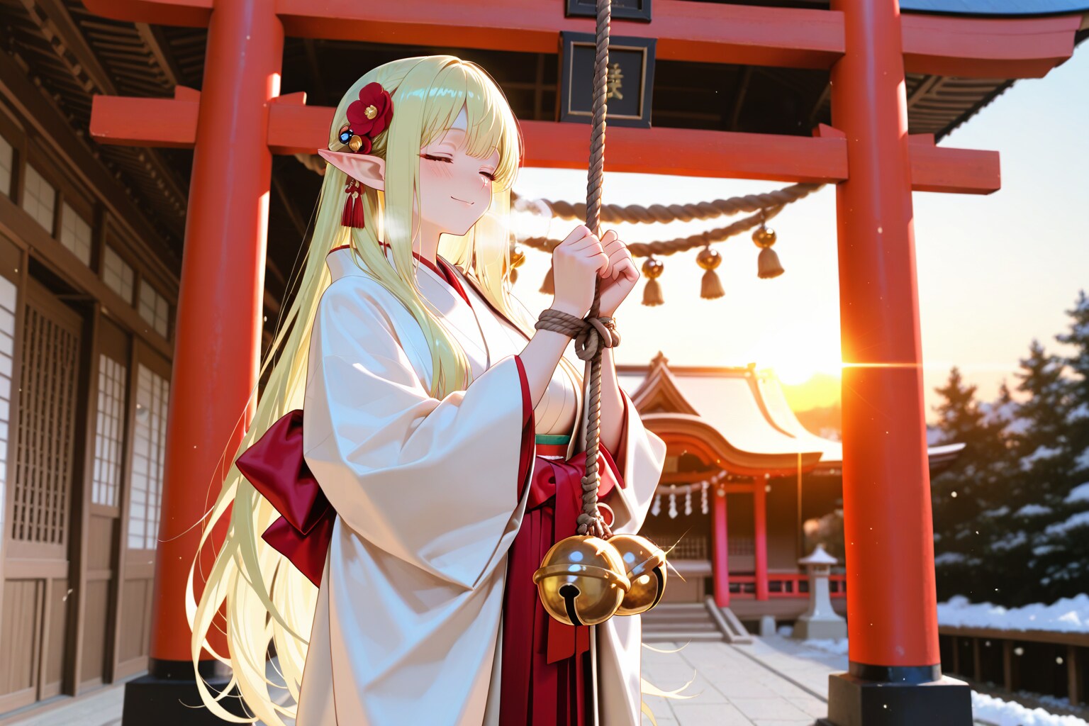 初詣でお参りをするエルフの女の子