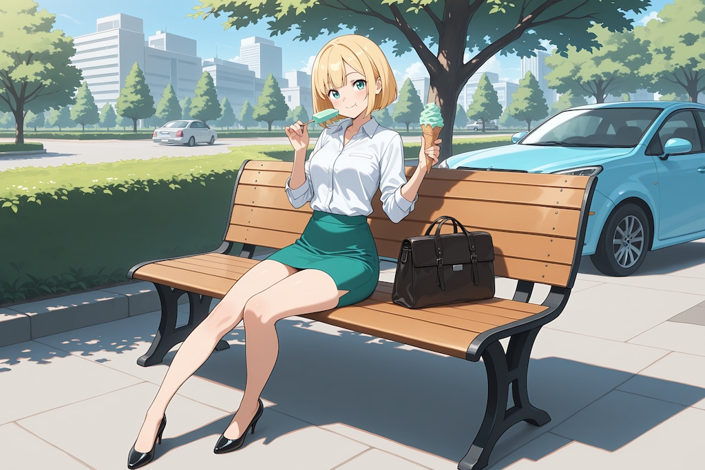 緑色（ミント）をアイスを食べるOLちゃん