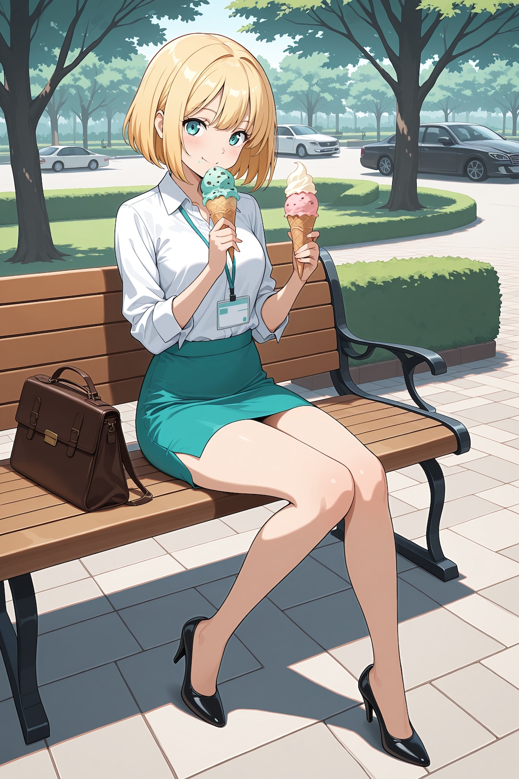 緑色（ミント）をアイスを食べるOLちゃん