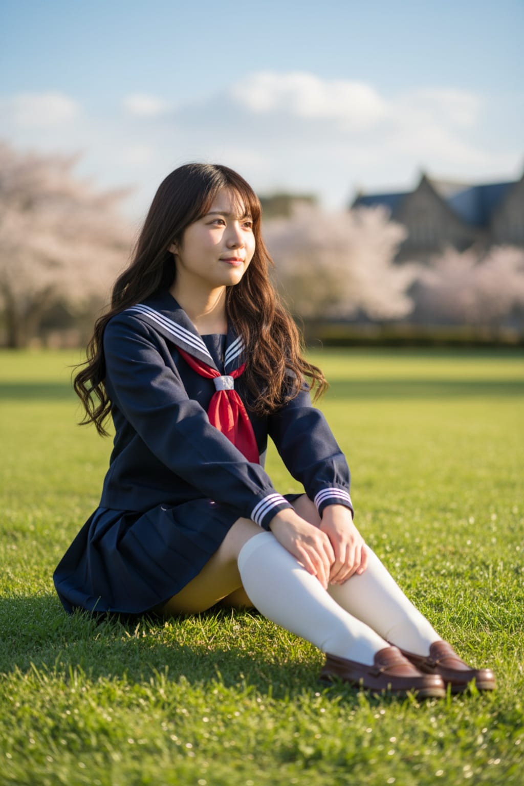 緑の綺麗な芝生上に胡座をして座っているセーラー服の女子高校生の精細写真