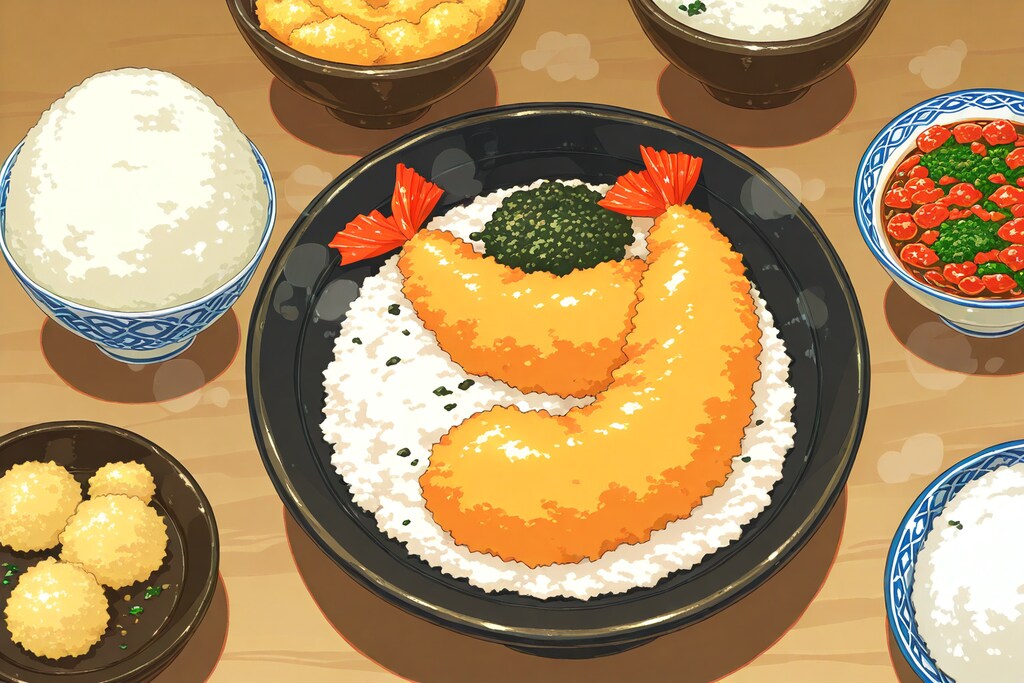 これ天丼と少し違う　エビフライ風🦐クリームコロッケ丼や