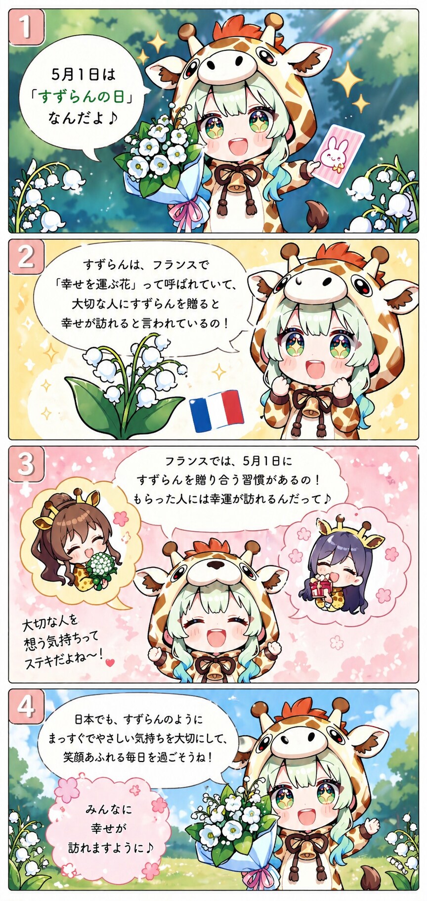 すずらんの日をアピールするキリン着ぐるみちび子ちゃん4コマ