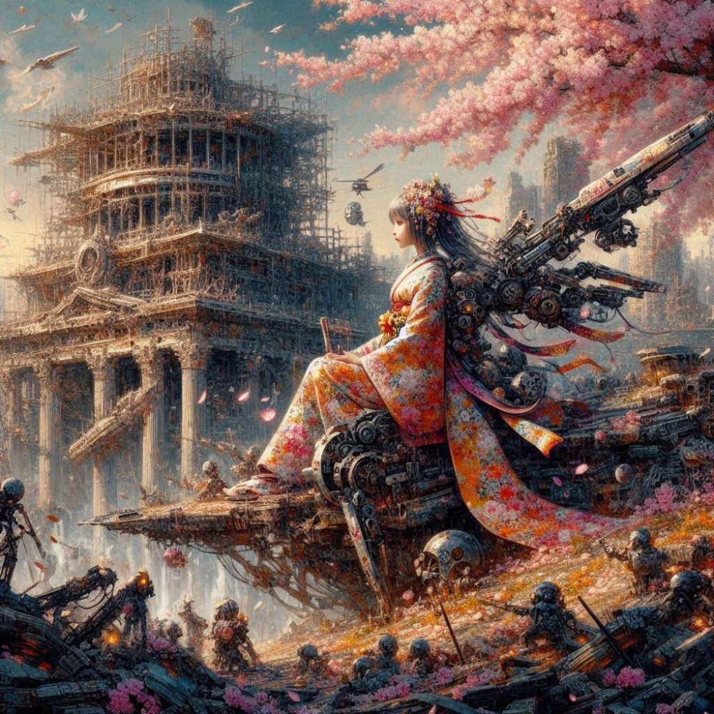 油絵SF世紀末風、3月3日雛祭りに雛壇から武装出撃発進する雛人形ロボ