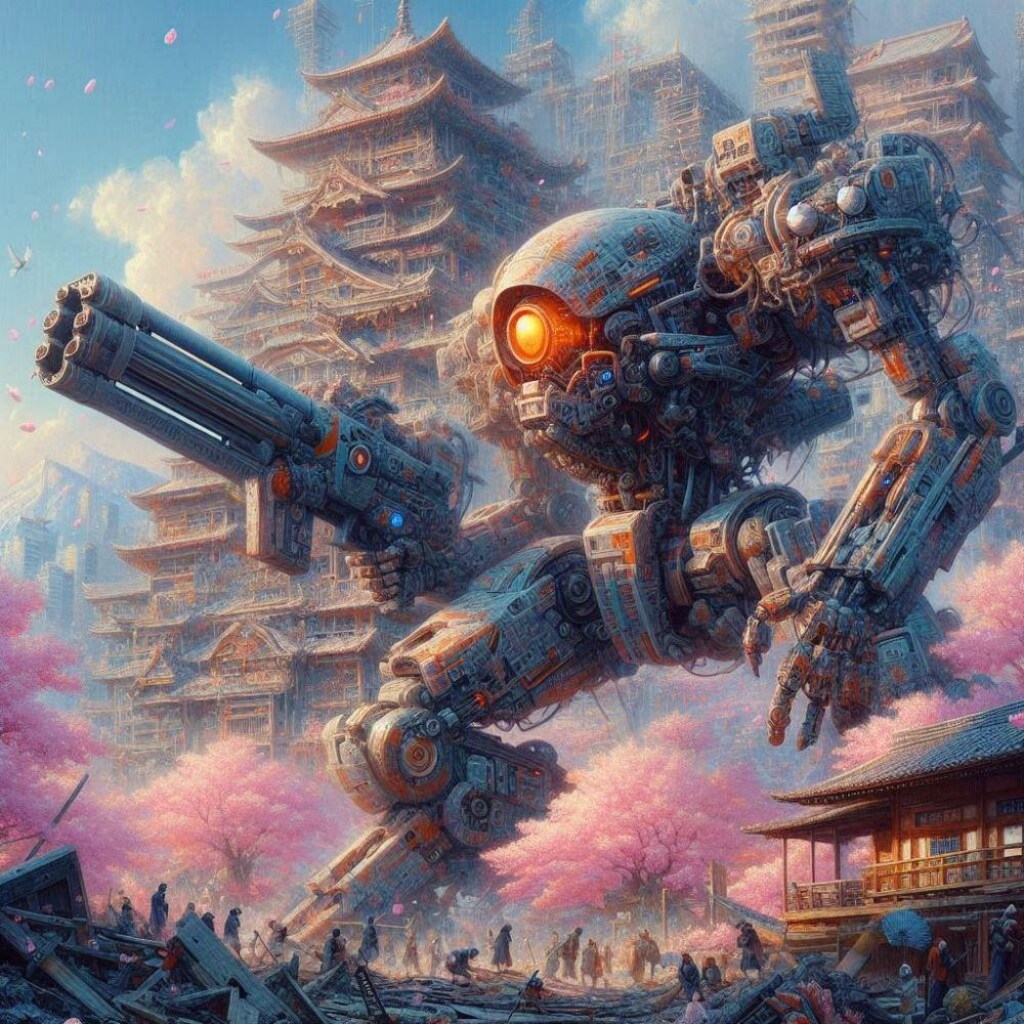 油絵SF世紀末風、3月3日雛祭りに雛壇から武装出撃発進する雛人形ロボ