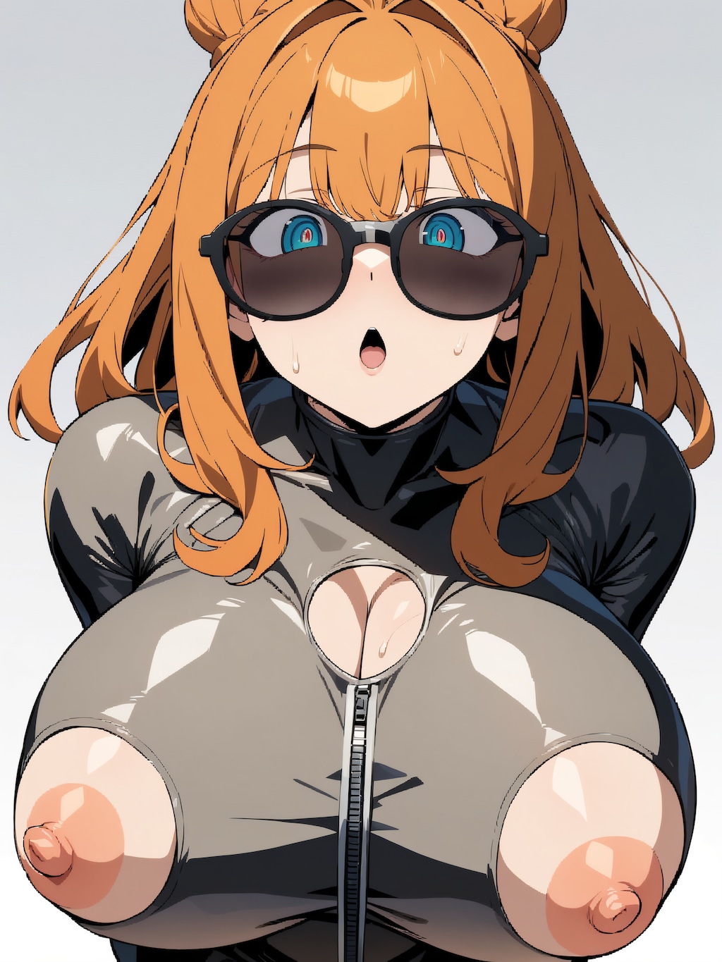 ラテックスボディースーツでポロリ