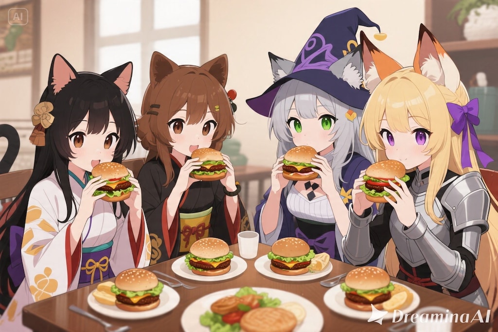 ハンバーガーを食べる虎鼠メンバー